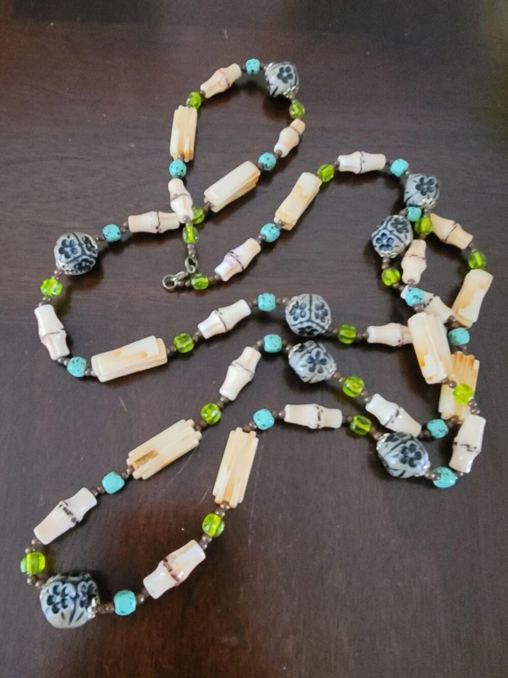 Vintage Faux Bamboo Tiki Style Multi Bead Necklace Plastic Flower Power